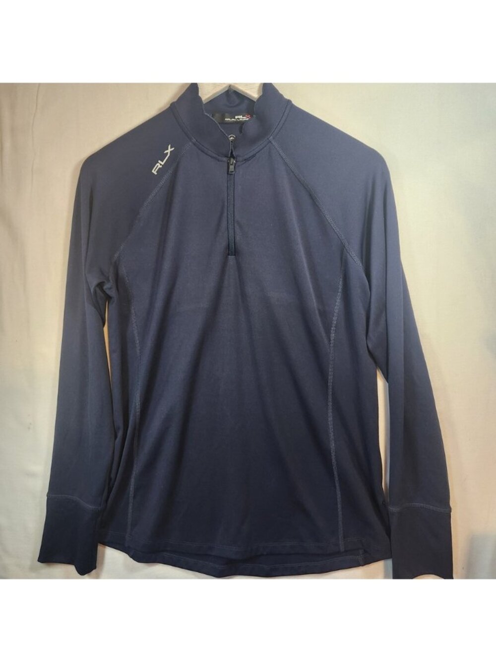 RLX Ralph Lauren Navy Blue Quarter Zip Wicking Pullover Scalloped Mock Neck M